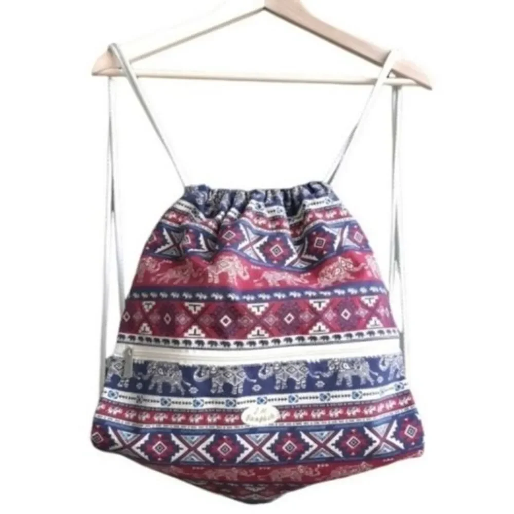 J.M. Bangkok Canvas Backpack Drawstring Gym Bag Ethnic Bohemian w/zip Pocket